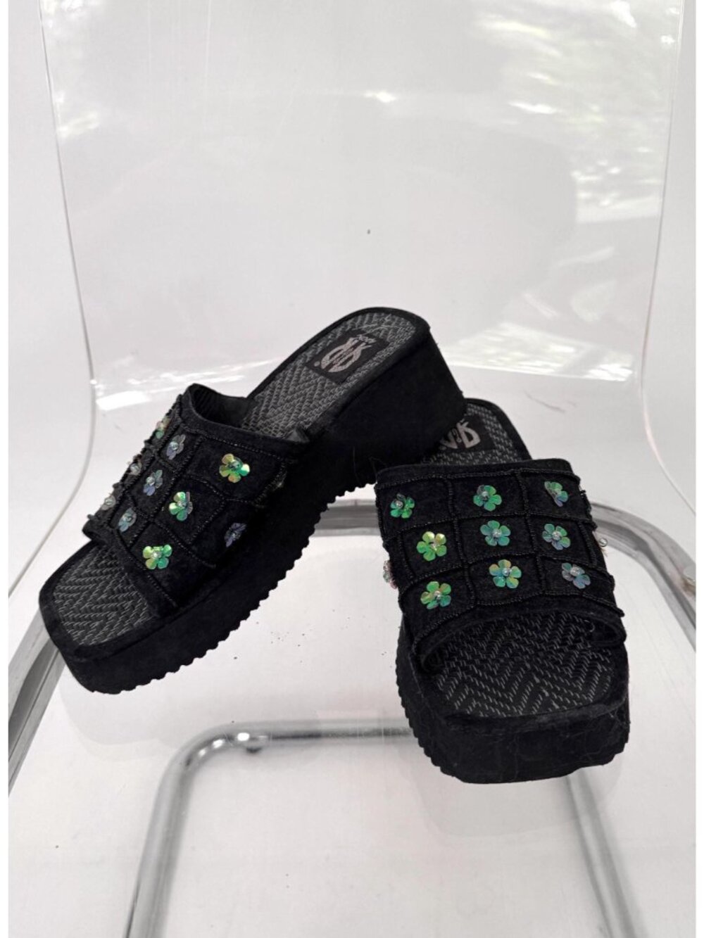 Y2K vintage floral sequin beaded chunky platform wedge slide sandals US 8 8.5 - Picture 4 of 7